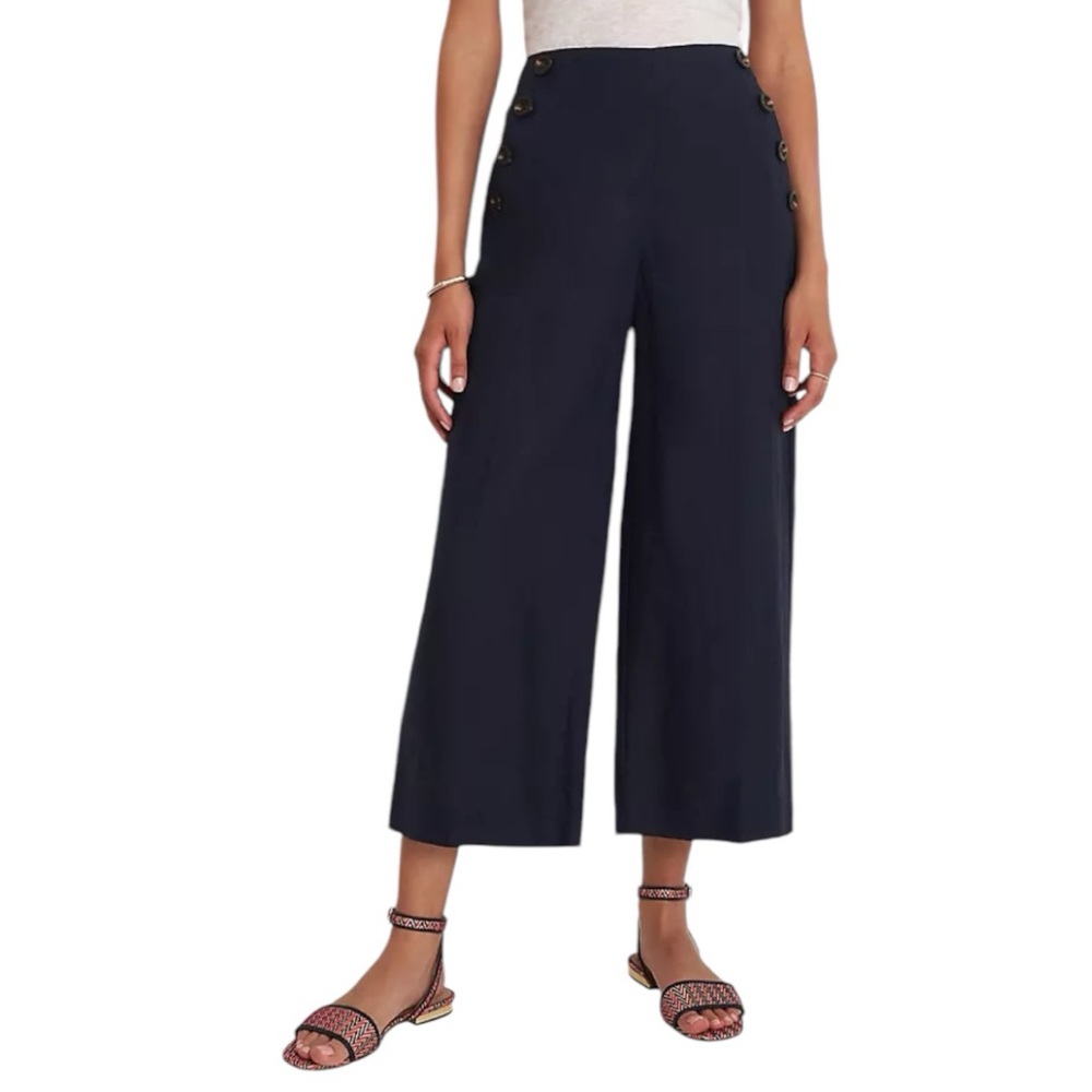 Ann Taylor The Easy Crop Sailor Pant Button Plackets Linen Blend Nautical
